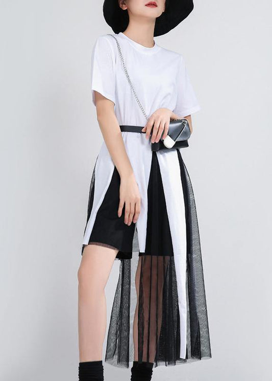 Plus Size White Patchwork Lace Summer Cotton Dress - SooLinen