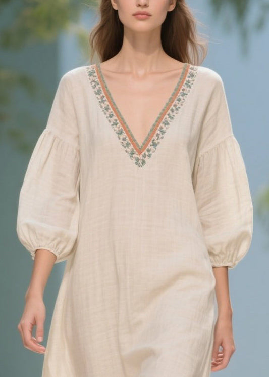 Plus Size White Puff Sleeve Patchwork Linen Dresses