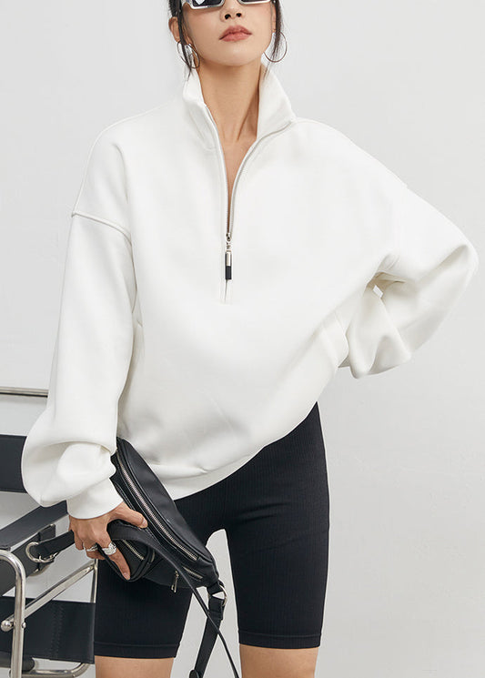 Sudadera polar cálida con cremallera y cuello alto blanca de talla grande para invierno