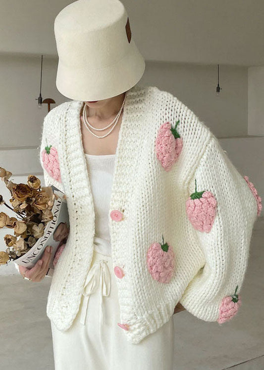 Weißer Strickpullover mit V-Ausschnitt und Knöpfen in Übergröße, Wintermantel