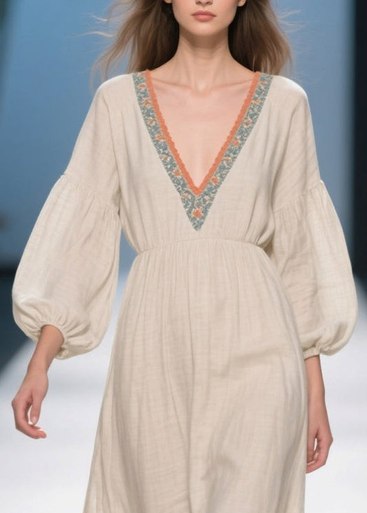 Plus Size White V Neck Patchwork Linen Ankle Dress Bracelet Sleeve