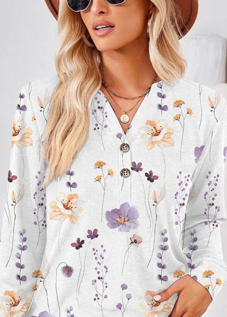 Plus Size White V Neck Print Shirts Fall