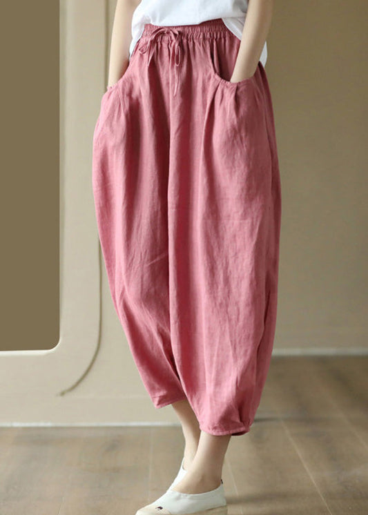 Plus Size Weiße, faltige Leinenlaternenhose mit Bindegürtel für den Sommer