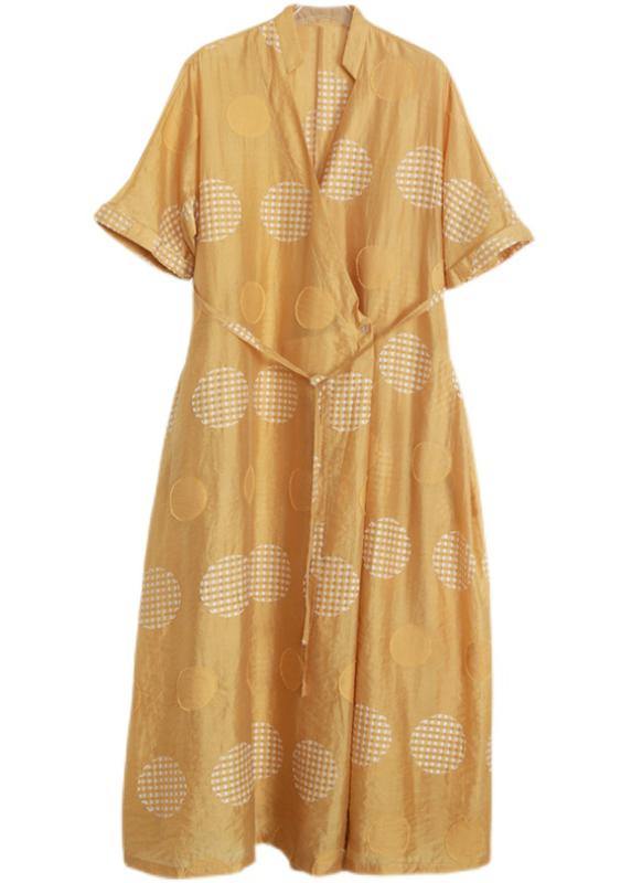 Plus Size Yellow Dot tie waist Dress Summer Dress - SooLinen