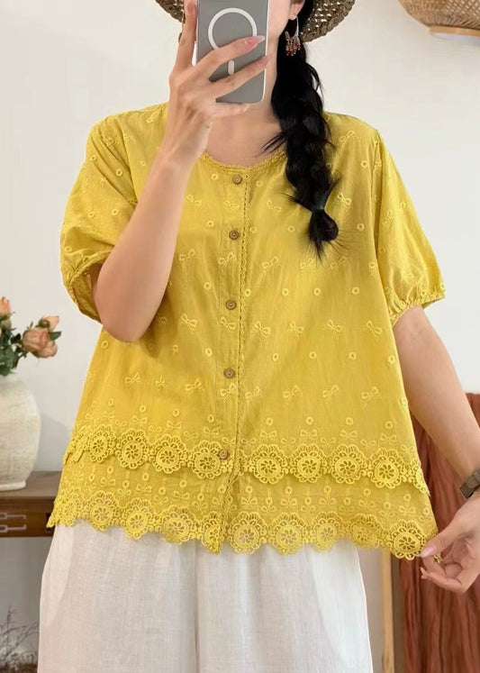 Plus Size Yellow Embroidered Cotton Blouses Summer