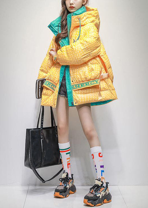 Plus Size Yellow Hooded Letter Patchwork Duck Down Coats Winter