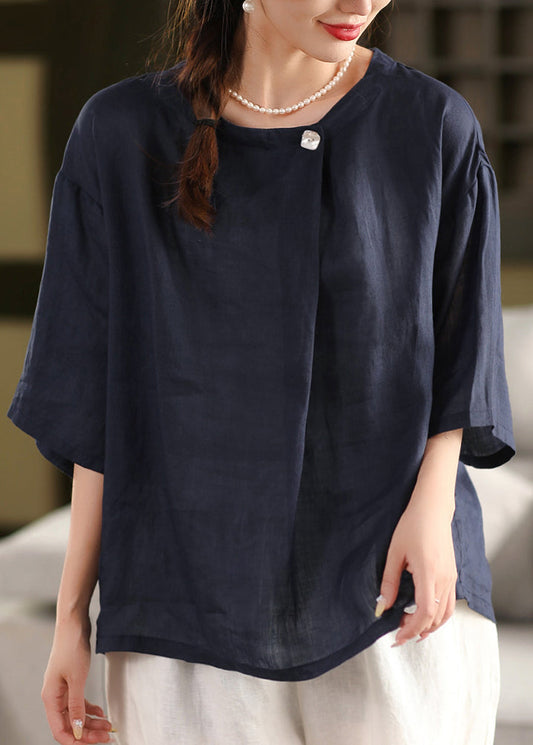 Plus Size Yellow O Neck Linen Blouse Top Summer