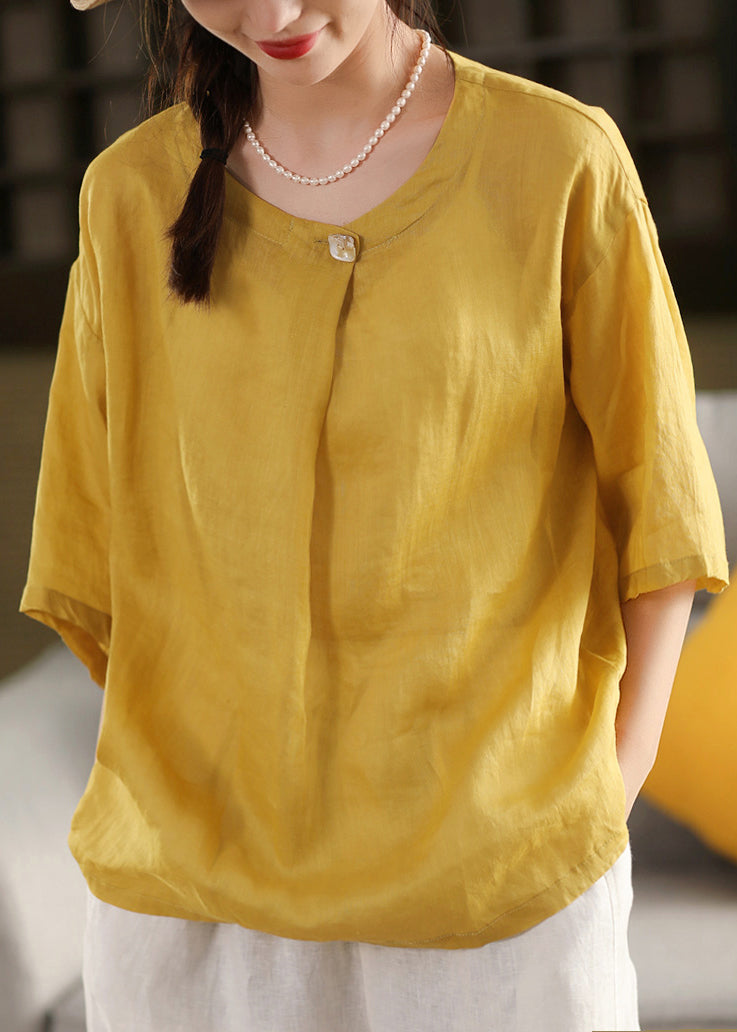 Plus Size Yellow O Neck Linen Blouse Top Summer