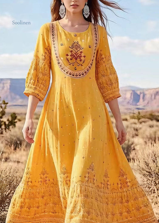 Plus Size Yellow O Neck Print Cotton Long Dress Summer