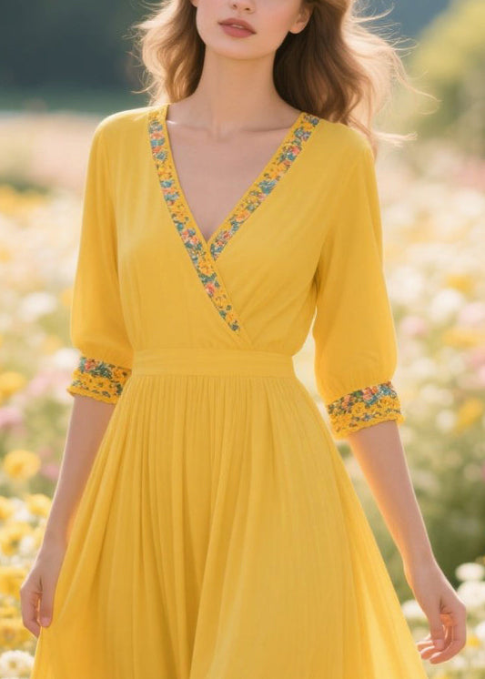 Plus Size Yellow Patchwork Print Chiffon Holiday Dress Summer