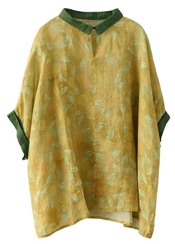 Camisa de ramio con patchwork amarillo de talla grande y manga corta