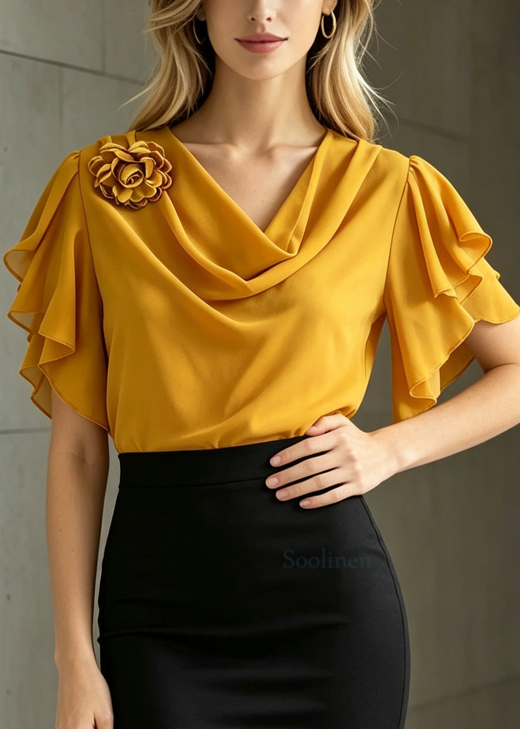 Plus Size Yellow Ruffled Floral Chiffon Shirt Summer