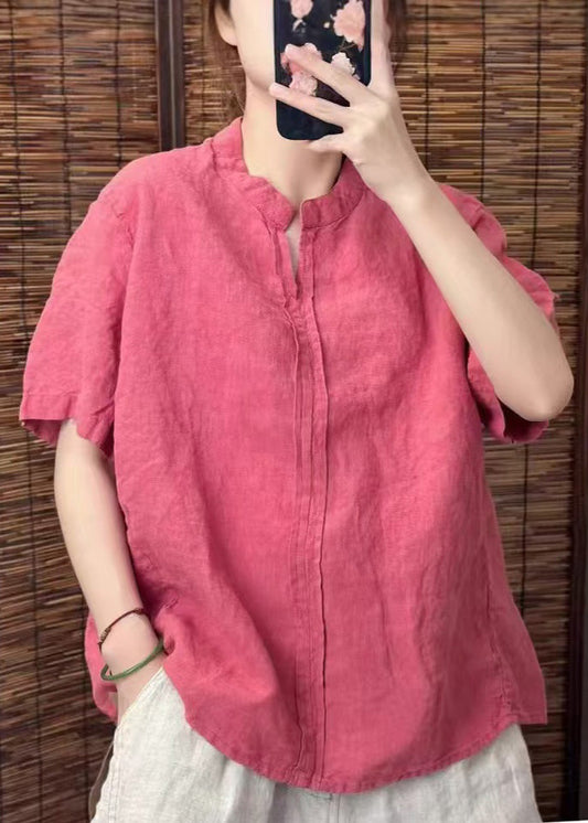 Plus Size Yellow V Neck Patchwork Linen Shirts Summer