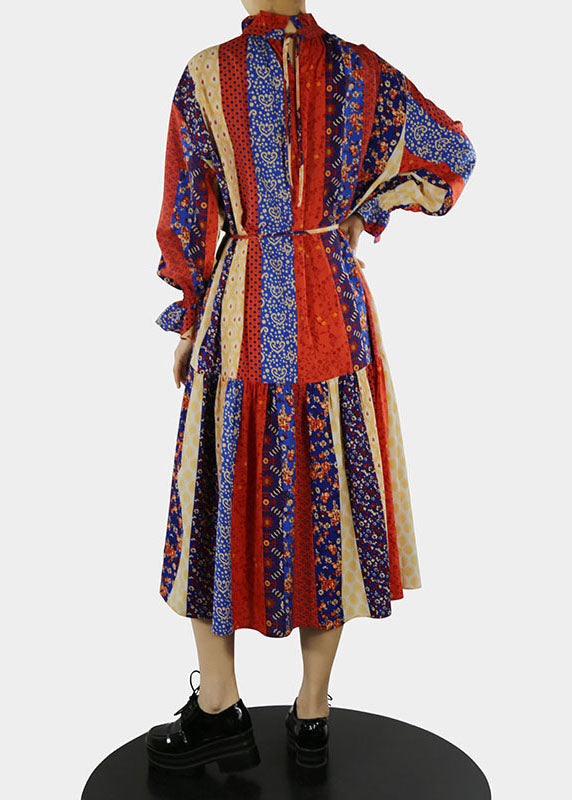 Plus Size Rotes Stehkragen-Print Langes Kleid mit Blütenblattärmeln