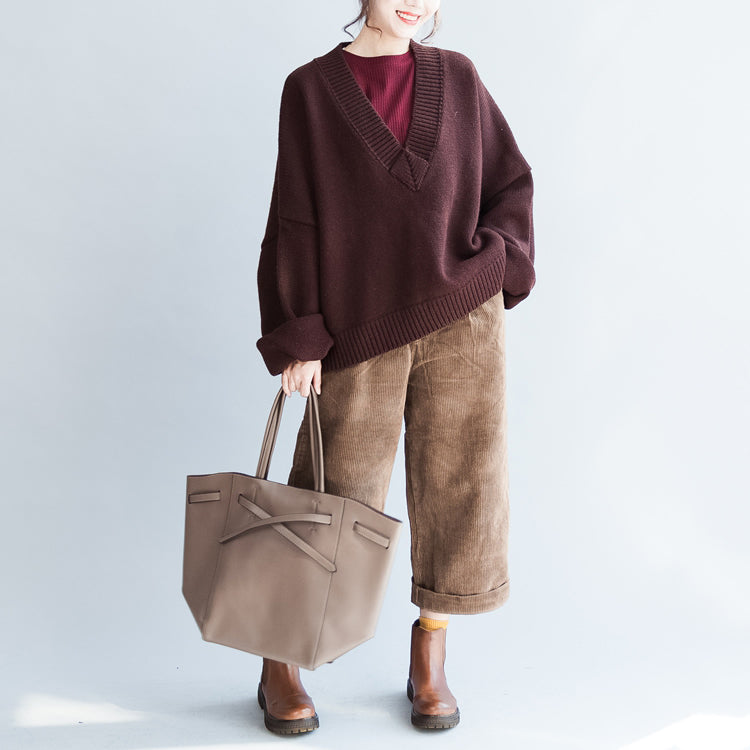 Plus Size weißer Baumwollpullover Burgunder lässig locker langer Strickpullover