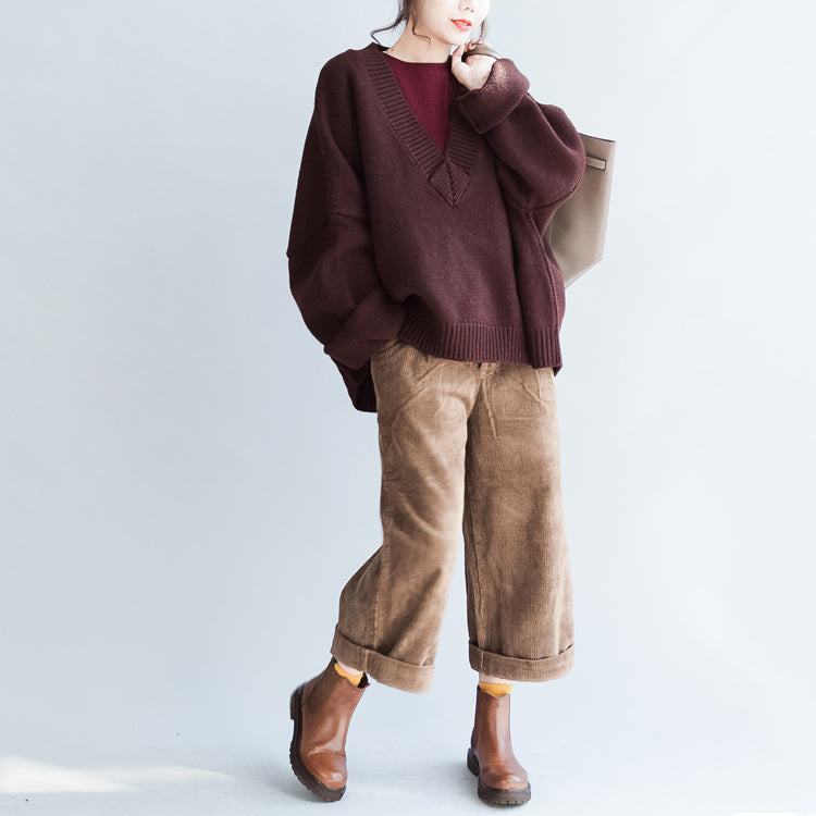 Plus Size weißer Baumwollpullover Burgunder lässig locker langer Strickpullover