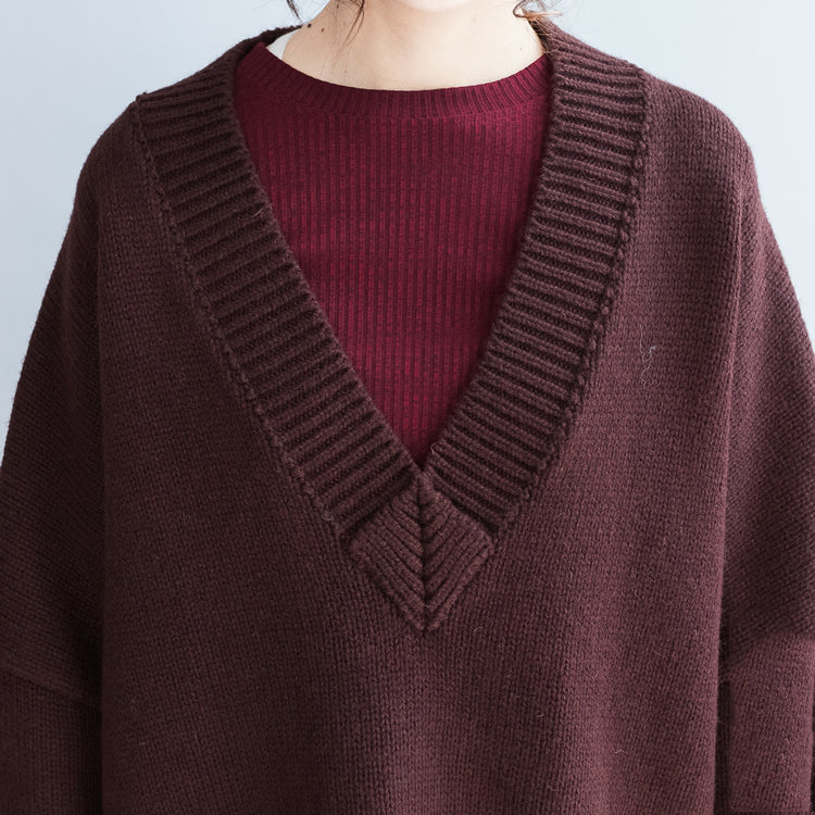 Plus Size weißer Baumwollpullover Burgunder lässig locker langer Strickpullover