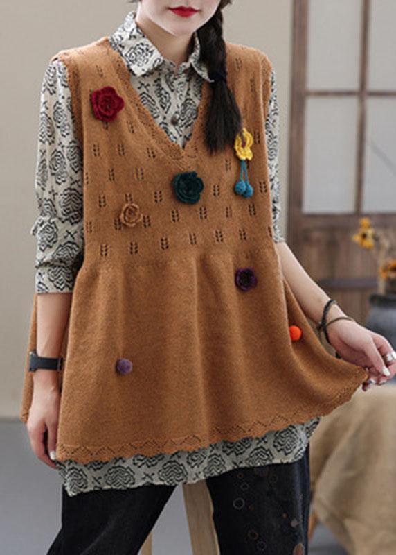 Plus Size Khaki Loose V Neck Fall Knit Vest - SooLinen