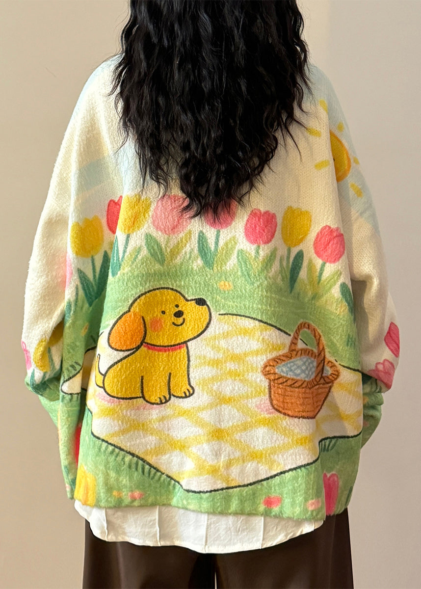 Print Button Loose Knit Coats O Neck Spring