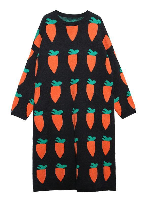 Pullover black print Sweater weather Re fashion o neck baggy Tejidos knit dresses - SooLinen