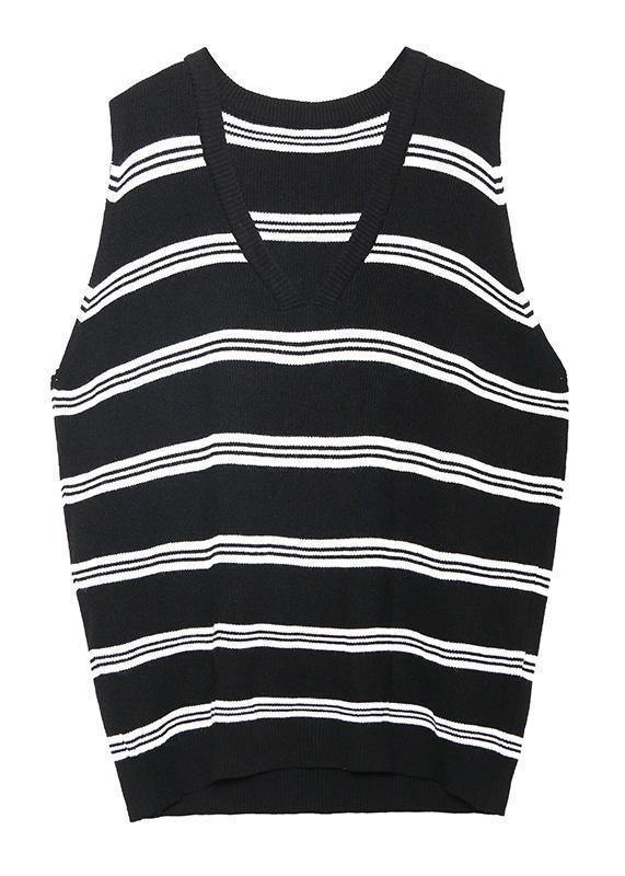 Pullover black striped knit blouse v neck sleeveless knit tops - SooLinen