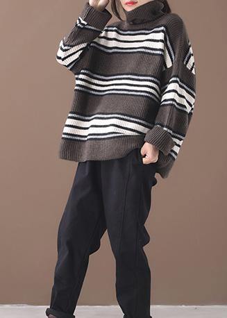 Pullover khaki striped knitted clothes plus size winter knitted blouse high neck - SooLinen