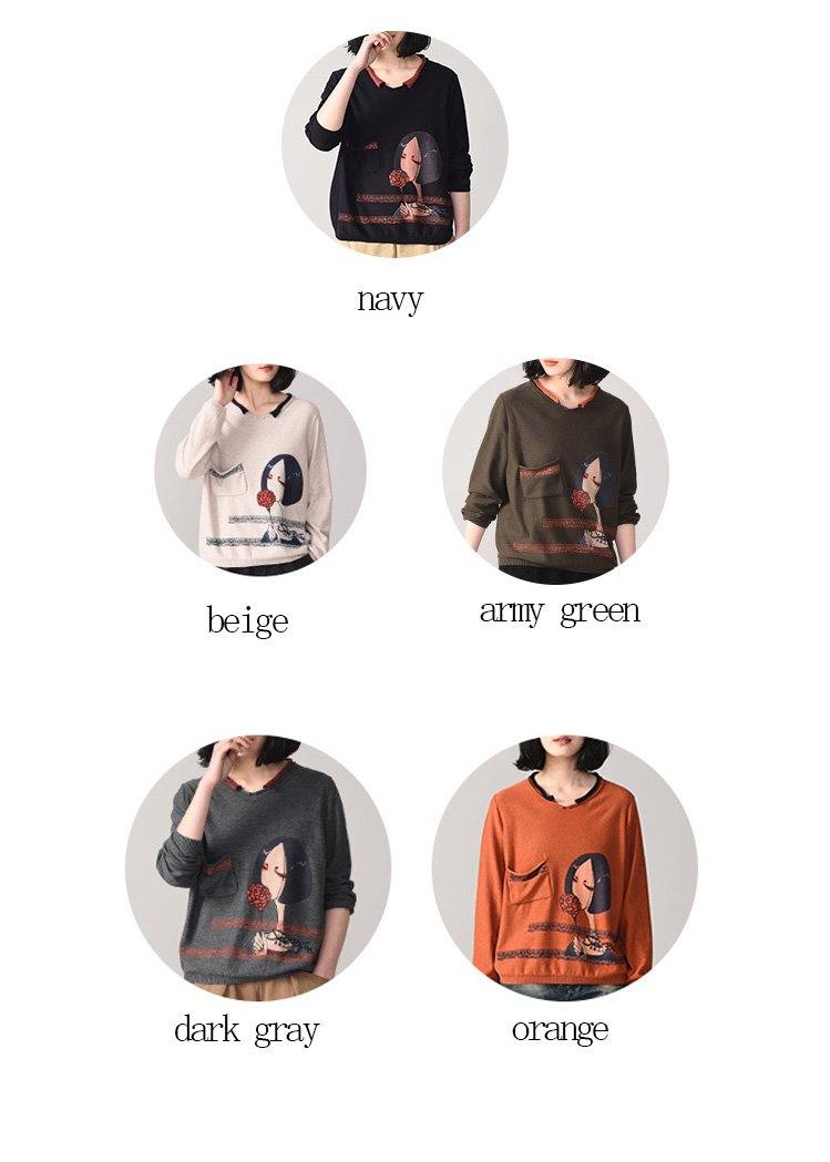 Pullover orange Cartoon print knit blouse fall fashion knitwear pockets - SooLinen