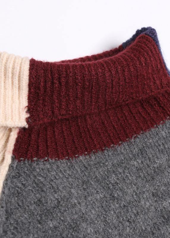 Pullover patchwork gray knitwear plus size clothing high neck knit tops - SooLinen