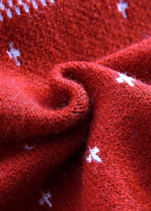 Pullover red knitted blouse plus size o neck thick top - SooLinen