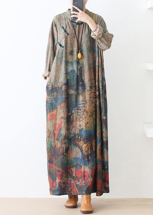 Pullover stand collar Sweater fall dresses Classy green print baggy knit dress - SooLinen