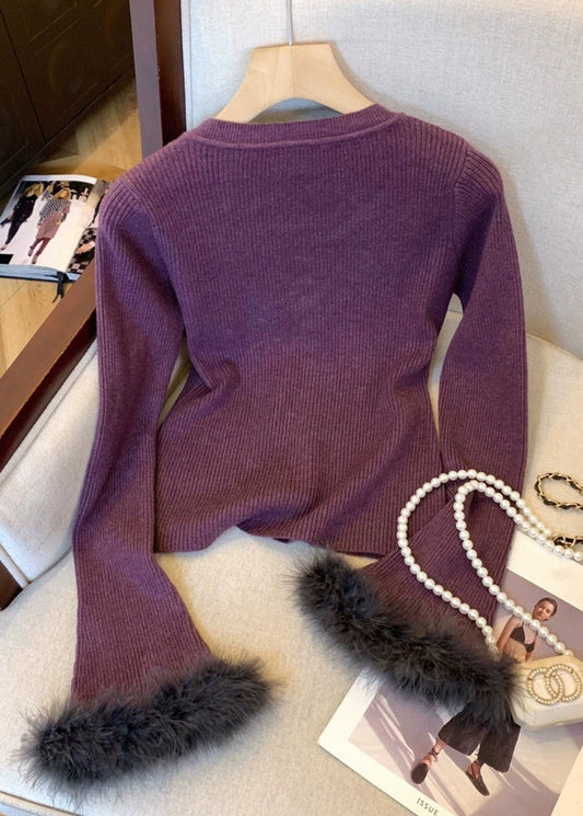 Purple Button Fluffy Patchwork Knit Sweater O Neck Spring