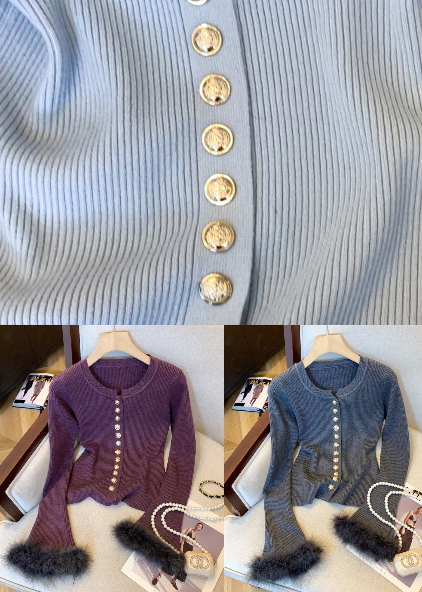 Purple Button Fluffy Patchwork Knit Winter Sweater O Neck