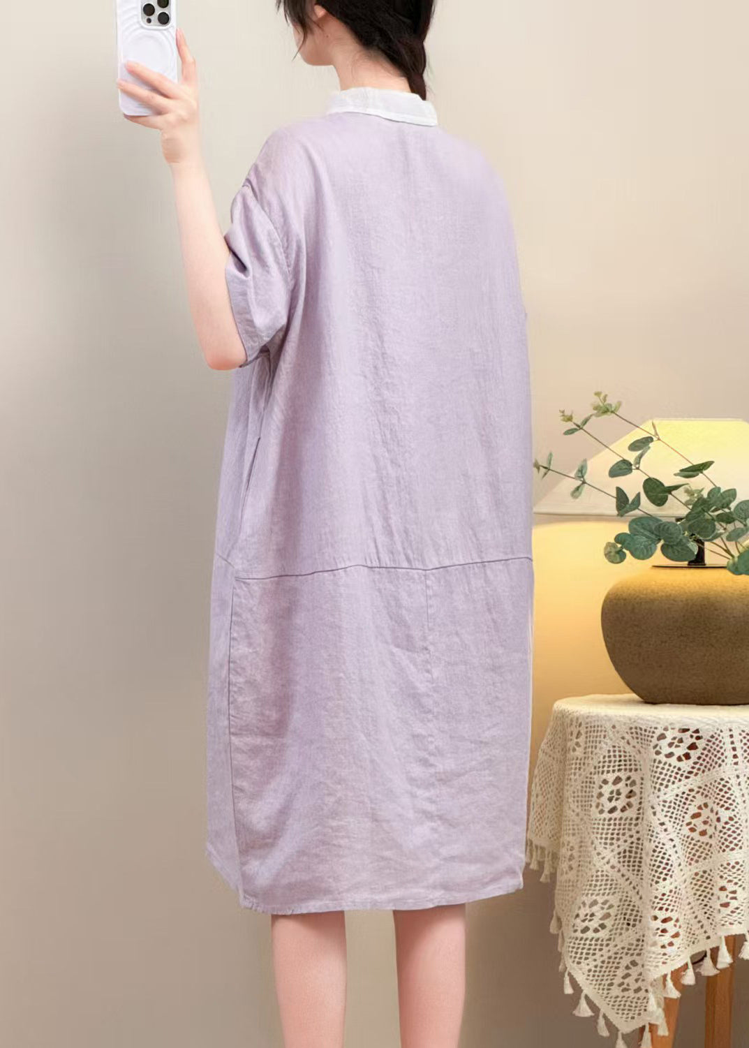 Purple Button Pockets Solid Cotton Summer Dresses Peter Pan Collar