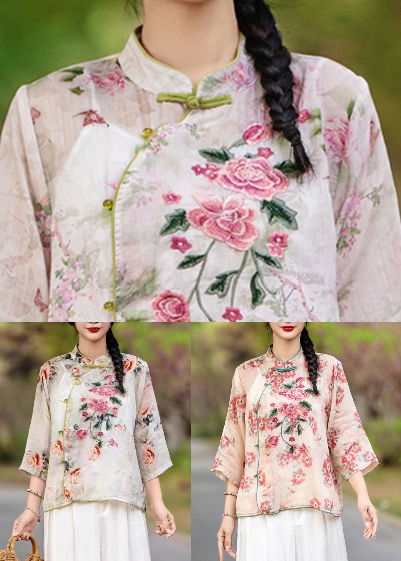 Purple Button Print Linen Blouses Stand Collar Bracelet Sleeve