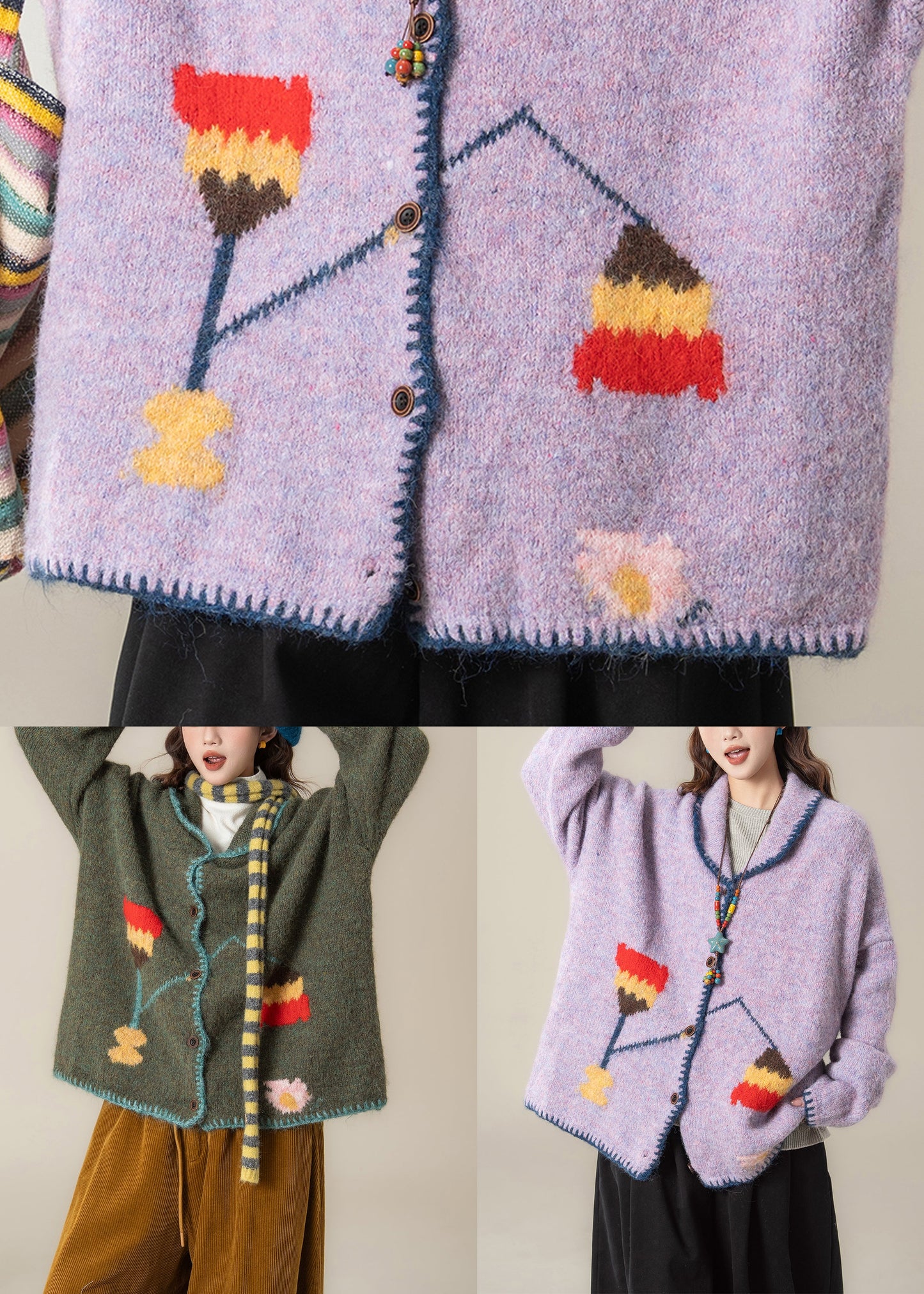 Lila Jacquard-Strickmäntel mit Knöpfen und Peter-Pan-Kragen