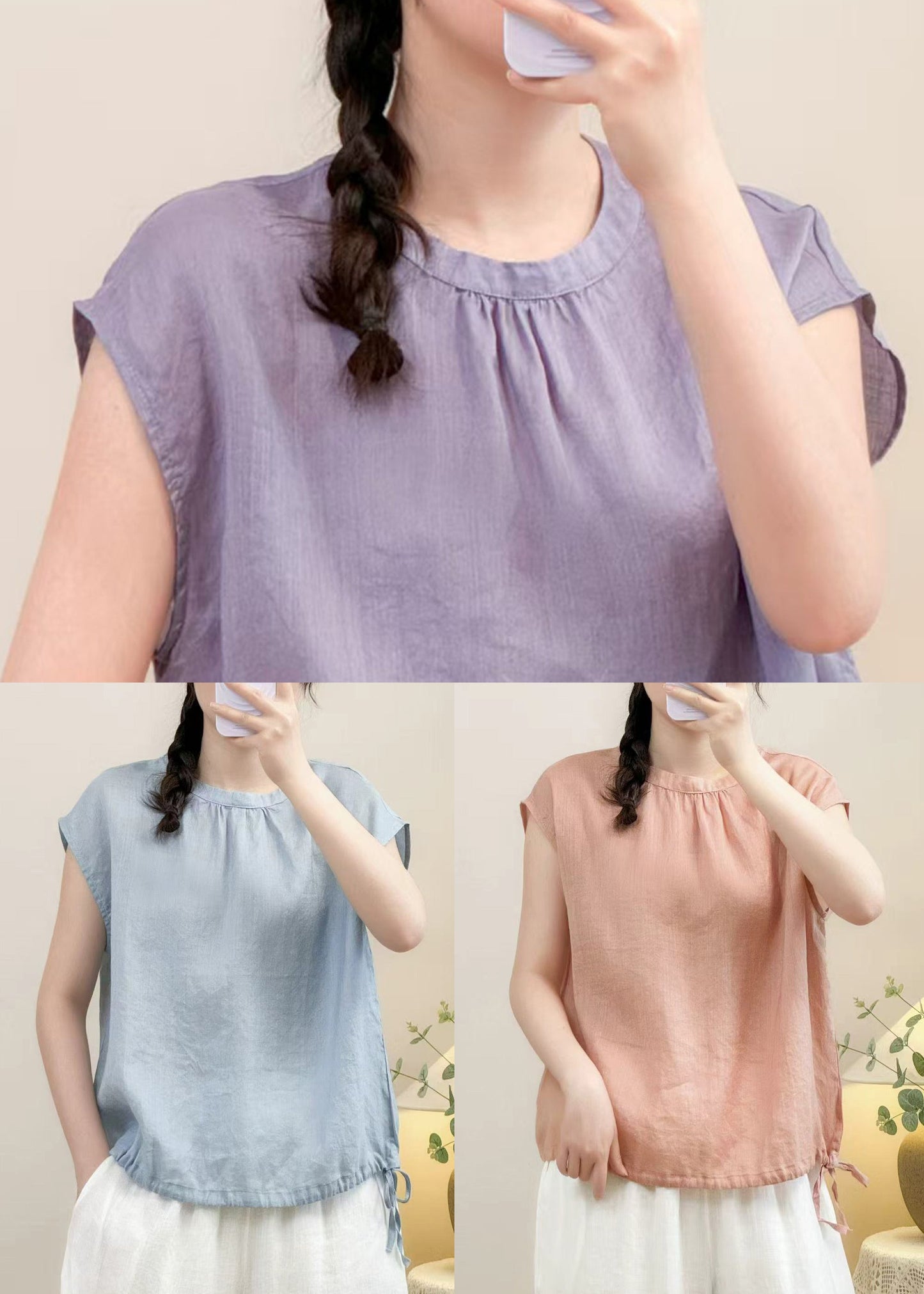 Purple Lace Up Solid Linen Summer Shirts O Neck