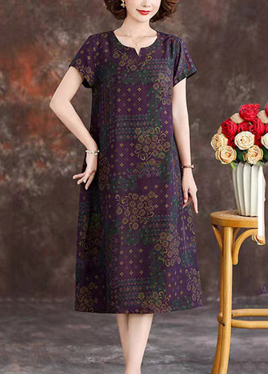 Purple Patchwork Silk Long Dresses Short Sleeve