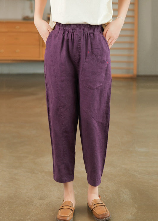 Purple Pockets Cotton Harem Pants Elastic Waist Summer