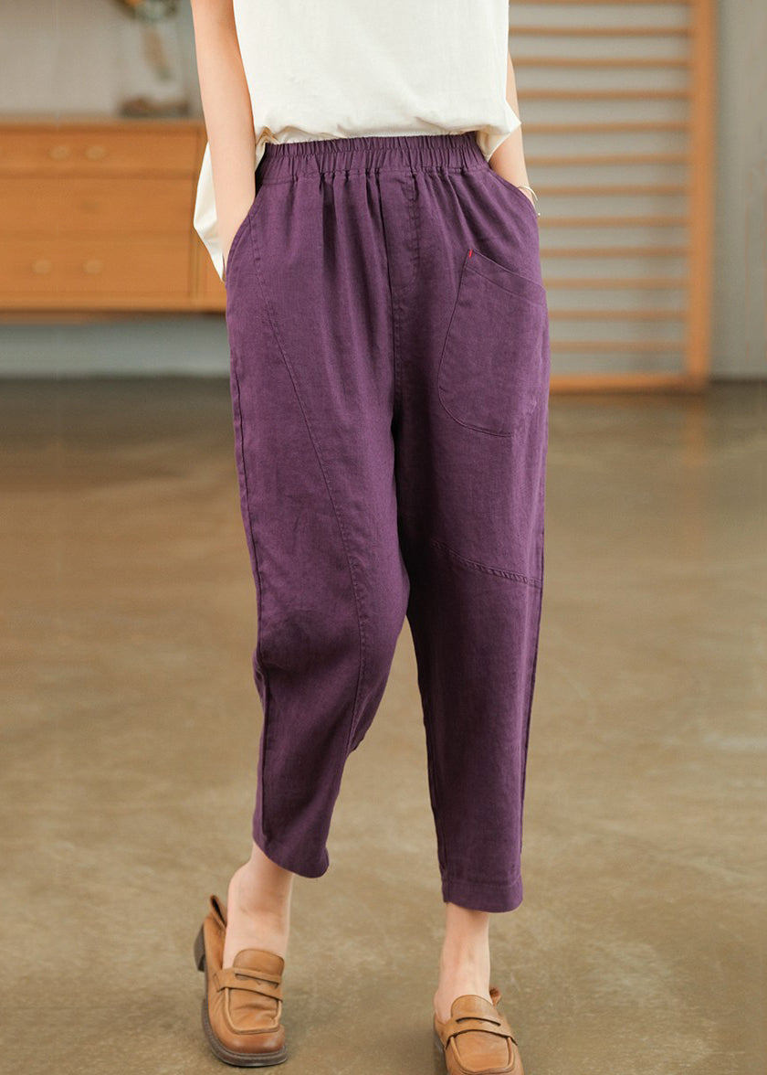 Purple Pockets Cotton Harem Pants Elastic Waist Summer