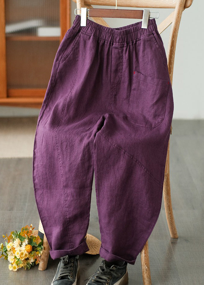 Purple Pockets Cotton Harem Pants Elastic Waist Summer