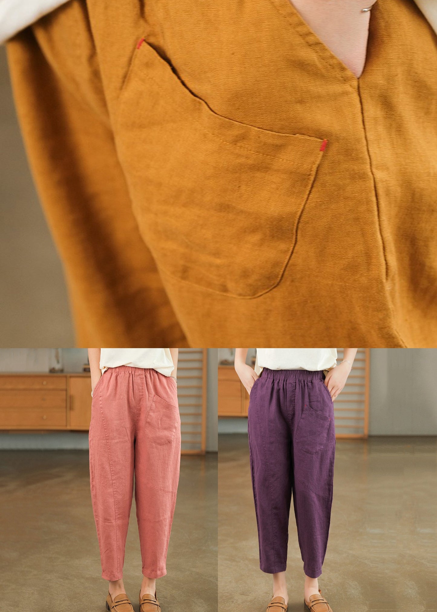 Purple Pockets Cotton Harem Pants Elastic Waist Summer