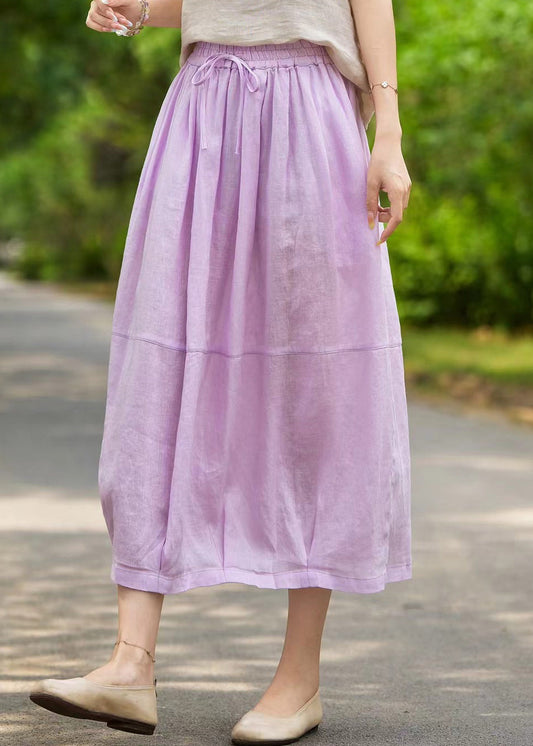 Purple Pockets Solid Linen Summer Skirts Elastic Waist