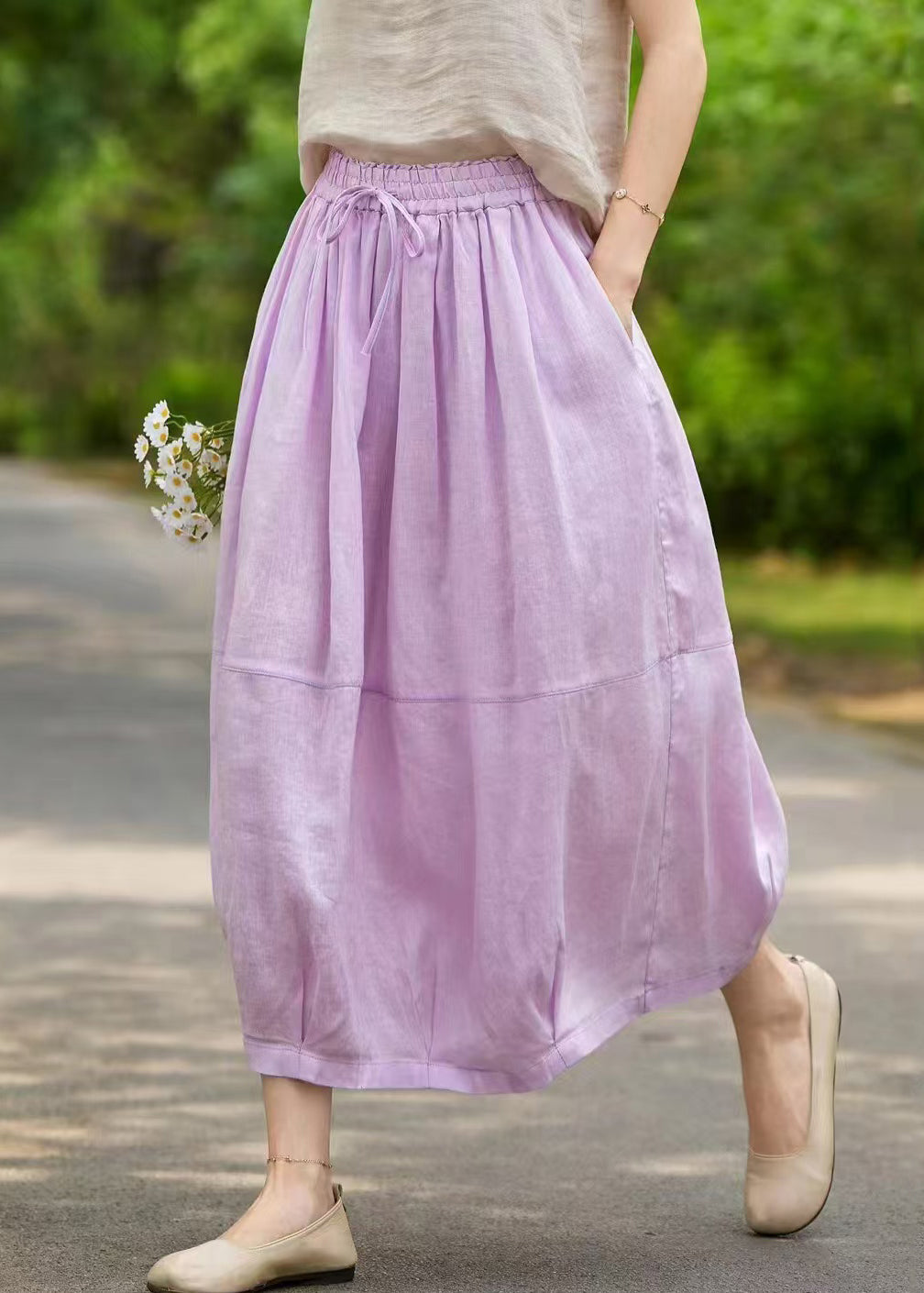 Purple Pockets Solid Linen Summer Skirts Elastic Waist
