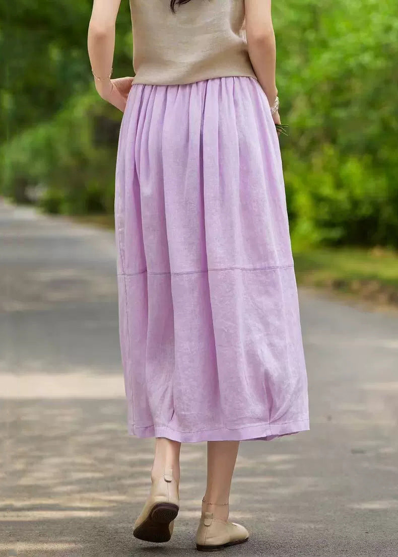 Purple Pockets Solid Linen Summer Skirts Elastic Waist