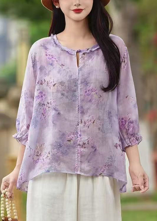 Purple Print Button Linen Shirt Ruffled Butterfly Sleeve