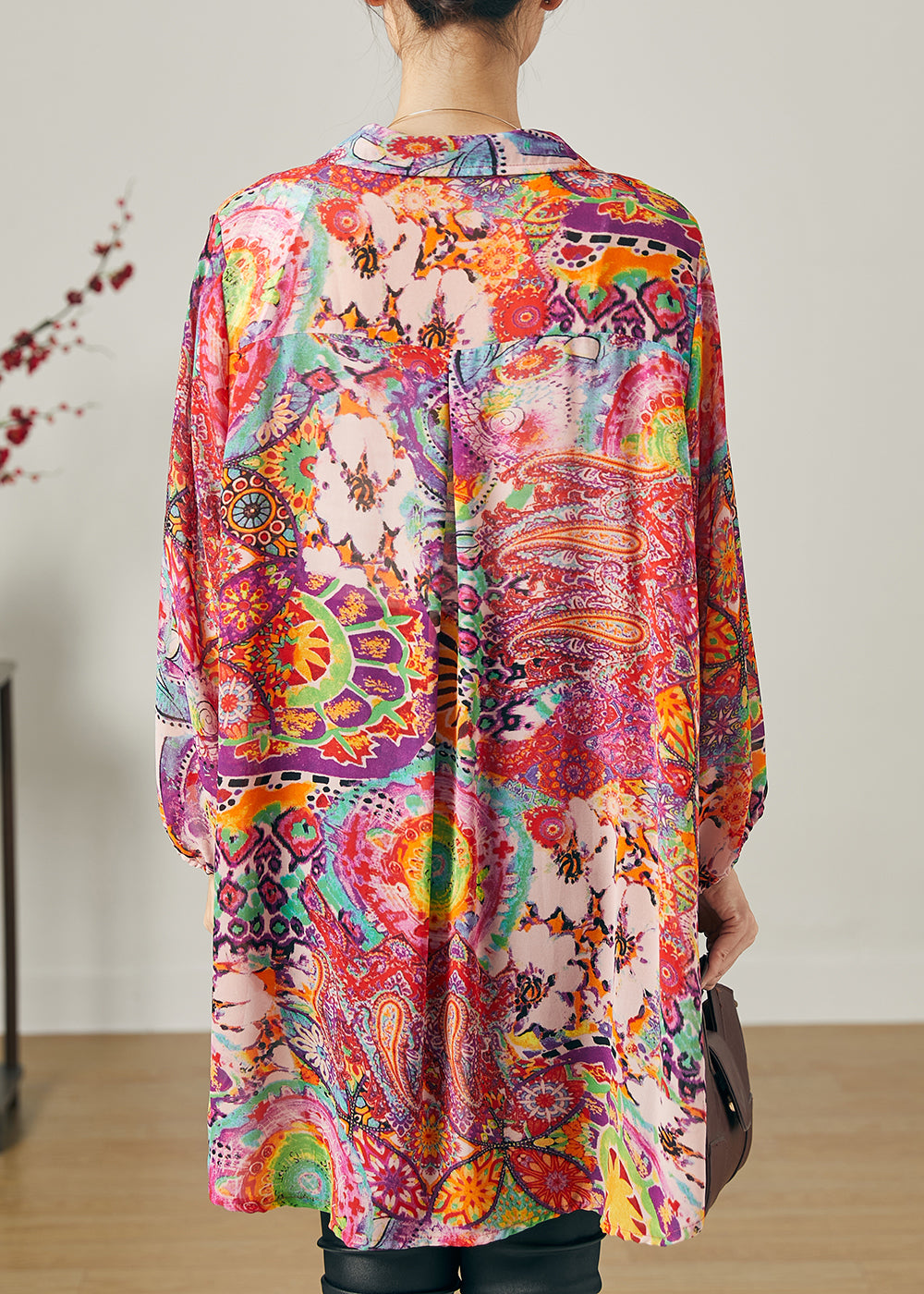 Lila Print Chiffon Bluse Top V-Ausschnitt Oversize Sommer