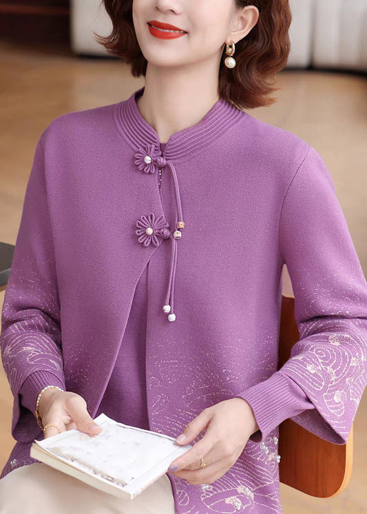 Purple Print Tassel Warm Fleece Cotton Knit Coat Spring