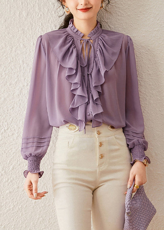 Purple Ruffled Patchwork Tie Lace Solid Shirt Spring