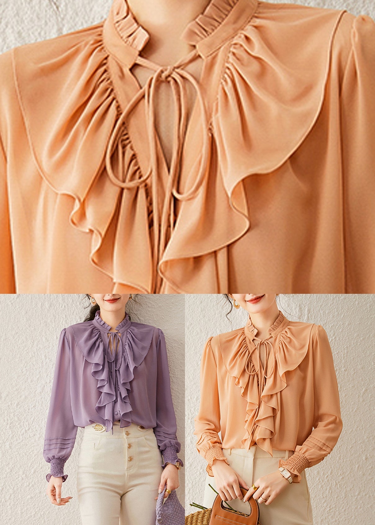 Purple Ruffled Patchwork Tie Lace Solid Shirt Spring