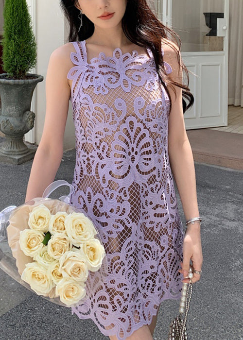 Purple Solid Lace Spaghetti Strap Dress Hollow Out Summer